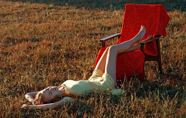 Grass, girl, nature, feet, chair, dress, red