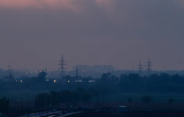 Road, the sky, clouds, trees, the city, fog, building, home