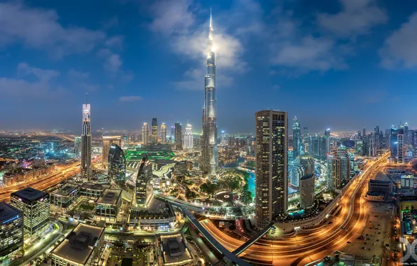 Building, road, home, panorama, Dubai, night city, Dubai, skyscrapers