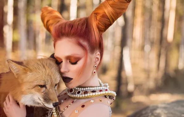 Picture girl, decoration, face, style, mood, makeup, Fox, horns