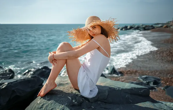 Picture sea, look, girl, nature, pose, stones, hat, barefoot