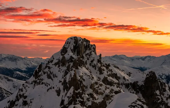 The sky, snow, sunset, mountain