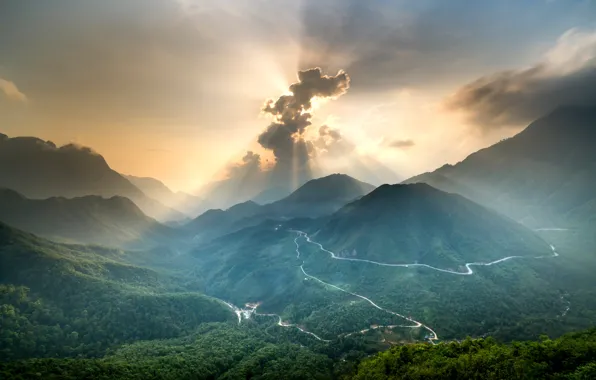 Road, mountains, haze, road, mountains, haze, the sun behind the clouds, picturesque landscape
