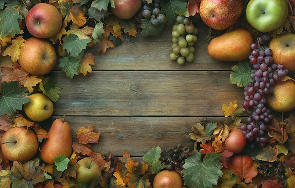 Autumn, leaves, apples, Board, texture, frame, harvest, grapes