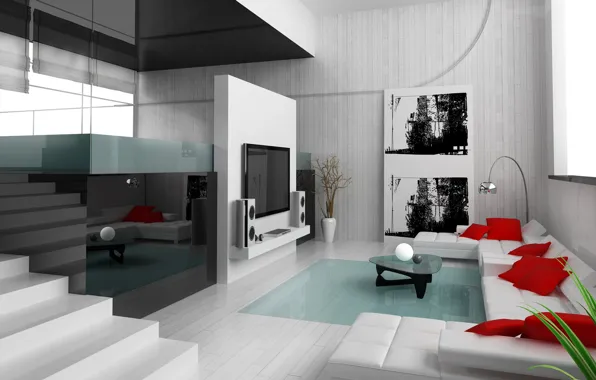 Reflection, modern, picture, Design, pillow, TV, apartment, Interior