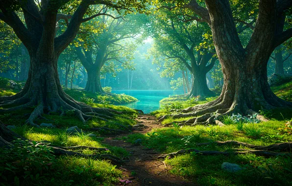 Forest, grass, roots, lake, Wallpaper, view, art, wallpaper