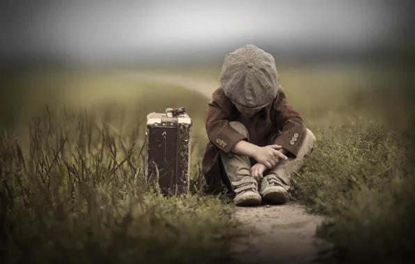 Picture road, boy, suitcase