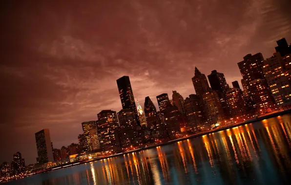 Night, the city, lights, river, skyscrapers, Manhattan, New York, Manhattan