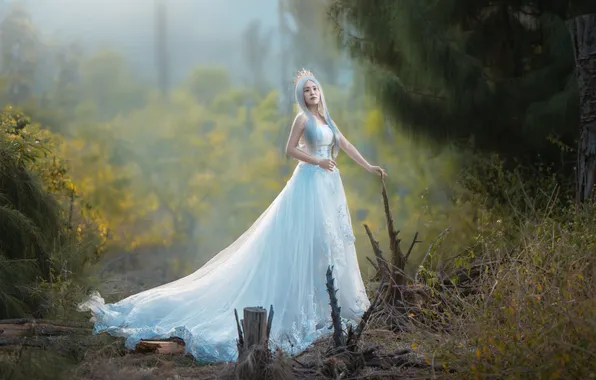Look, girl, rays, light, branches, nature, pose, fog