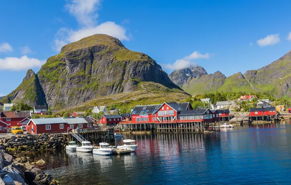 Picture sea, the sky, mountains, boat, home, Norway