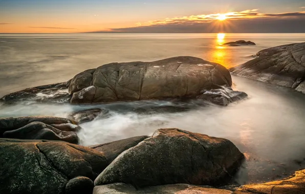 Sea, the sun, sunset, stones, the ocean, the evening, boulders, Wallpaper from lolita777