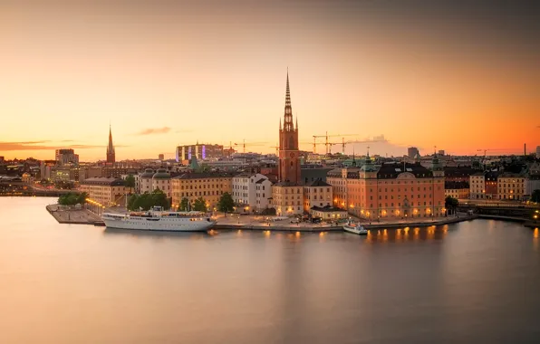 The sky, sunset, shore, ship, the evening, pier, Bay, Stockholm