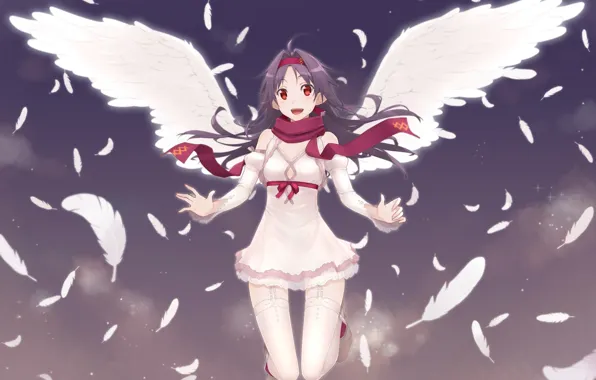 Game, smile, anime, cloud, wings, feathers, pretty, angel