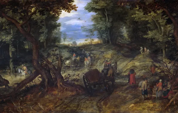 Trees, landscape, people, picture, Jan Brueghel the elder, Forest Road with the Carts and Horsemen
