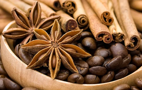 Picture coffee, grain, cinnamon, spices, star anise, Anis