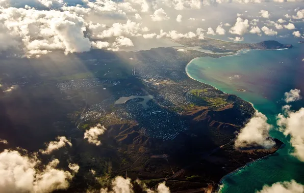 Water, the sun, clouds, rays, island, height, Hawaii