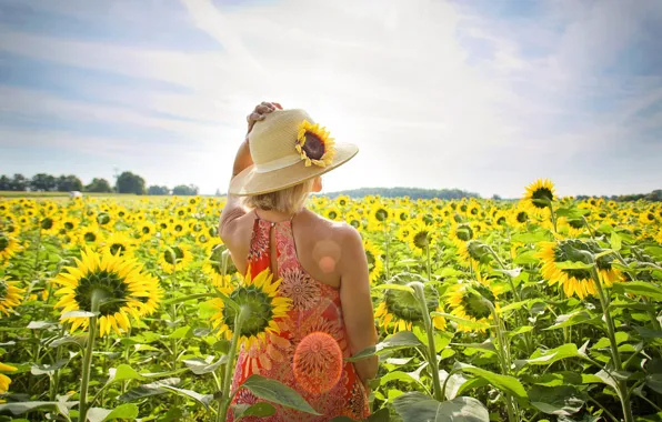 The SKY, FIELD, HAT, FLOWERS, SUNFLOWERS, DAL, by JillWellington