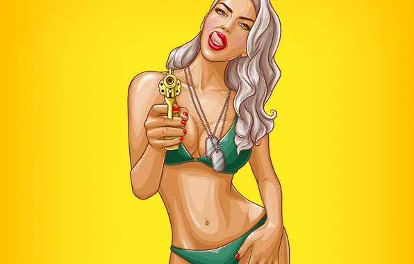Girl, Gun, Blonde, Hair, Bikini, Revolver, Tokens, Yellow background