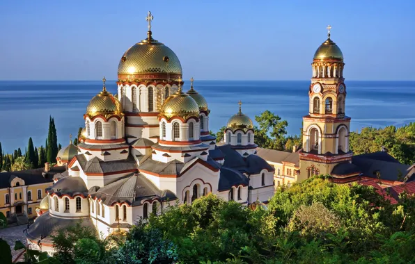 Sea, tower, temple, architecture, dome, Abkhazia, the bell tower, The black sea
