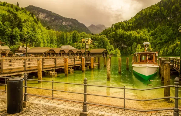 Picture forest, trees, mountains, lake, rocks, shore, Germany, pier