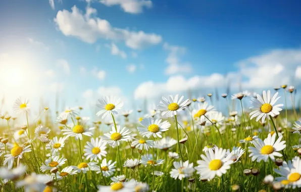 Picture field, the sun, flowers, chamomile, spring, meadow, sunshine, spring