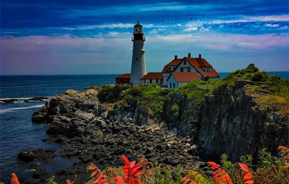 Sea, rock, coast, lighthouse, Maine, Man, Cape Elizabeth, Portland Head Light
