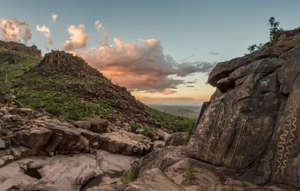 The sky, clouds, mountains, nature, stones, plant