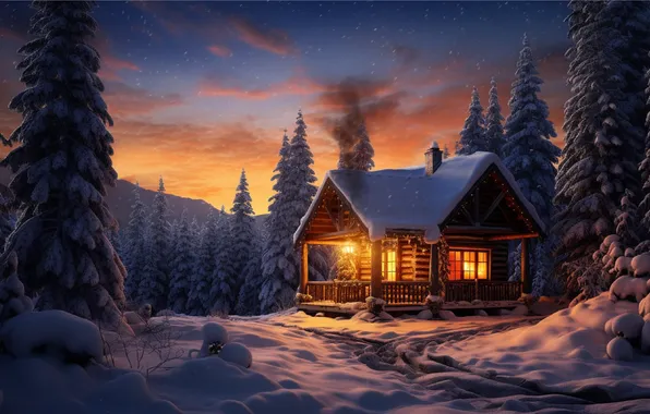 Winter, forest, snow, mountains, night, nature, house, house