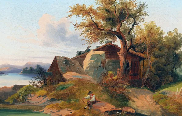 Trees, River, House, Picture, Male, Austrian landscape painter, Anton Hansh, Anton Hansch