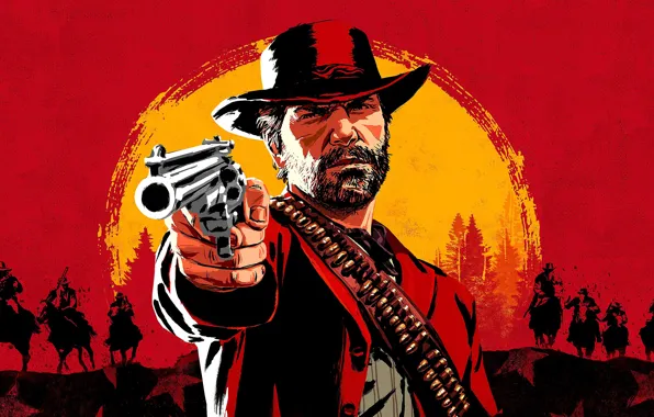 Gun, hat, horse, cartridges, cowboys, Red Dead Redemption 2, Arthur Morgan