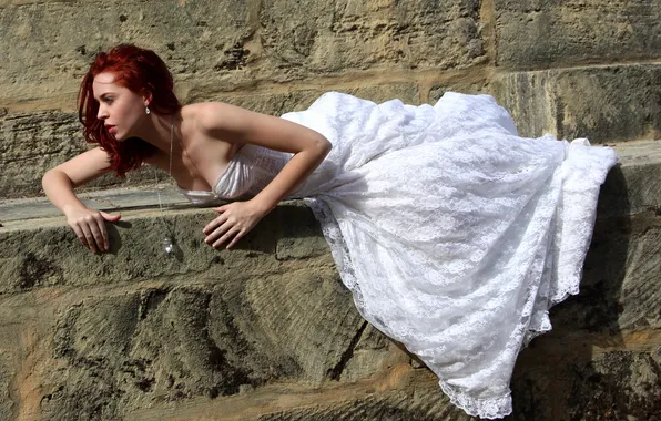 Picture girl, face, hands, decoration, white dress, red hair, lifted