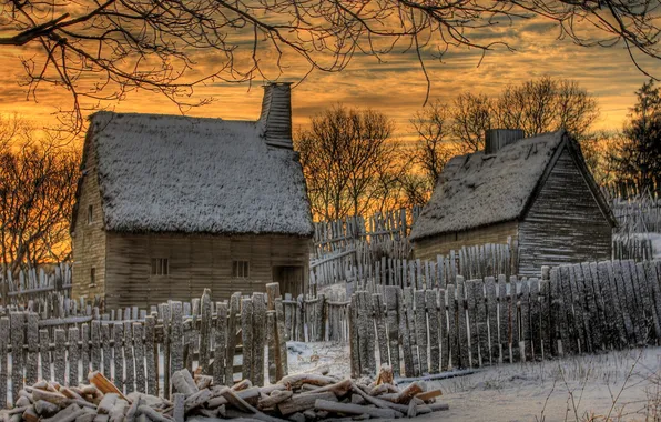 Winter, the sky, clouds, snow, trees, landscape, sunset, nature