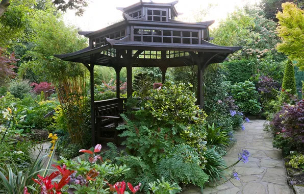 Trees, flowers, garden, track, pagoda, gazebo, the bushes