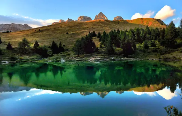 Trees, landscape, mountains, lake, Italy, Trentino-Alto Adige / Südtirol, Trento, Soraga