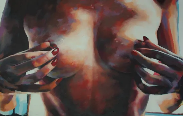 Chest, girl, painting, Boobs, manicure, Thomas Saliot