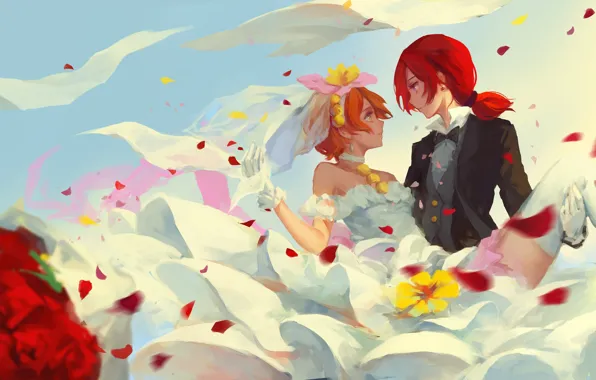 Girls, anime, art, wedding, nishikino maki, hoshizor to rin, love live school idol project