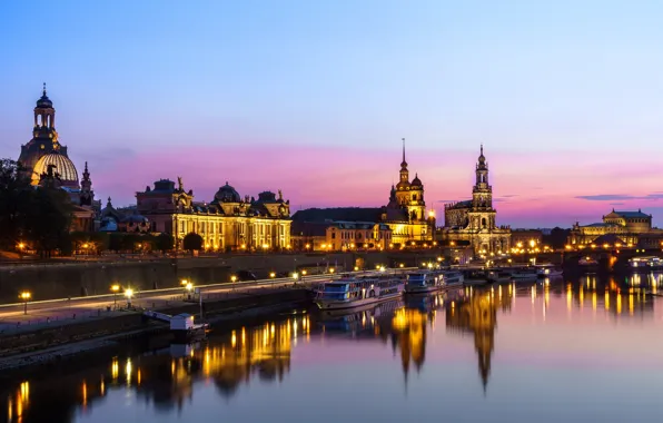 Night, lights, river, Germany, Dresden, Dresden