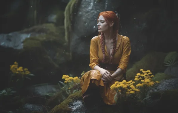 Girl, flowers, nature, pose, stones, rocks, yellow, sitting