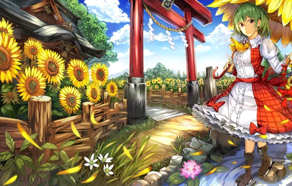 Summer, girl, sunflowers, Touhou