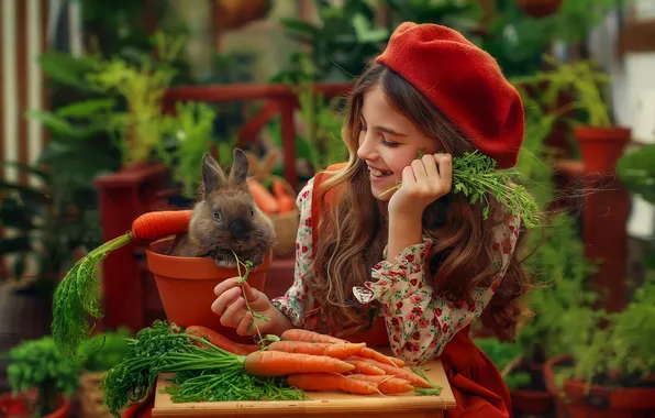 Smile, mood, rabbit, girl, long hair, carrots, takes, Lyubov Pyatovskaya