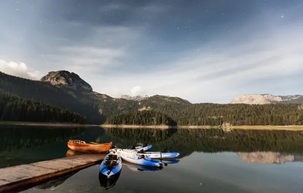 Forest, the sky, water, mountains, lake, reflection, boat, stars