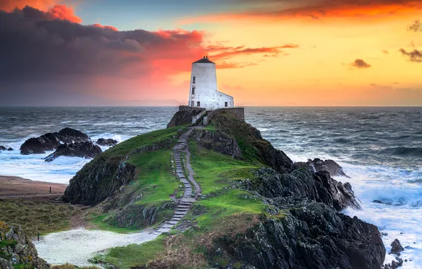 Sea, the sky, clouds, sunset, stones, rocks, shore, lighthouse