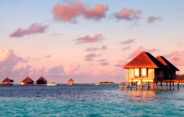 Picture sea, the sky, the sun, clouds, sunset, tropics, horizon, The Maldives