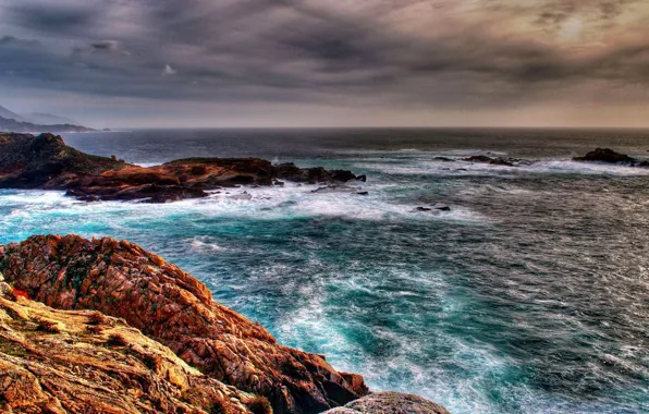 Picture sea, the sky, mountains, clouds, storm, stones, rocks