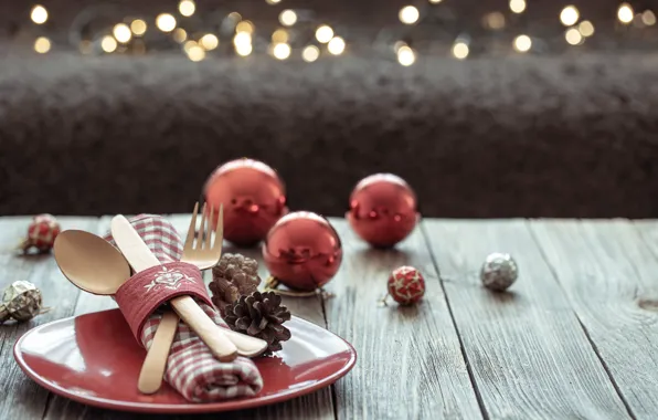 Balls, Board, plate, Christmas, spoon, knife, New year, plug