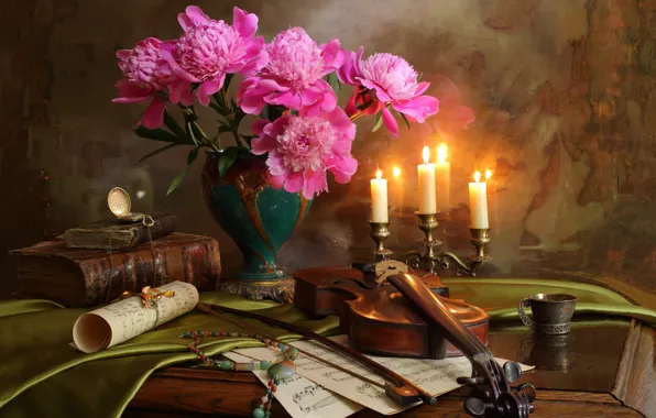 Notes, violin, watch, bouquet, candles, necklace, book, bow