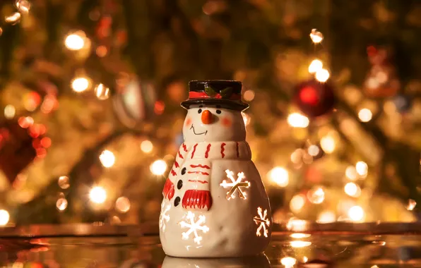 Winter, lights, tree, candle, spruce, New Year, Christmas, snowman