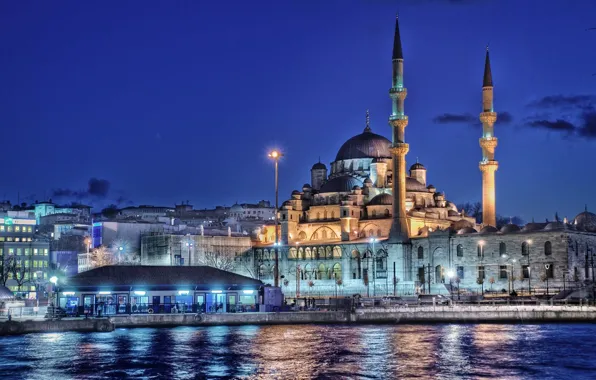 Picture sea, night, lights, home, Istanbul, Turkey, the minaret, New mosque