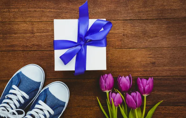 Flowers, gift, sneakers, bouquet, tape, tulips, wood, flowers