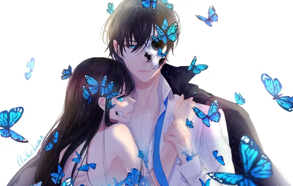 Picture girl, butterfly, anime, art, pair, guy